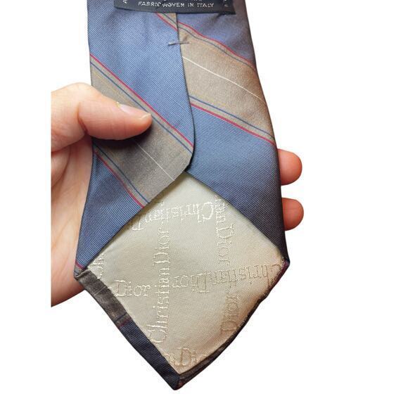 Christian Dior All Silk Men's Vintage Designer Tie Slanted Strips Blue & Brown - Picture 3 of 11